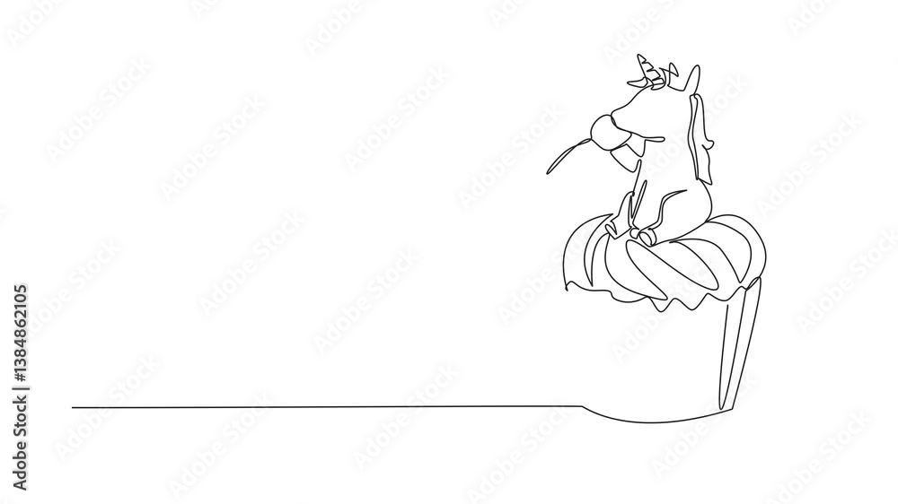 Self drawing animation of continuous one line drawing cupcake with unicorn head on top eat cherry. Perfect combination. Very liked by children. National Unicorn Day - Cupcake. Full length animated