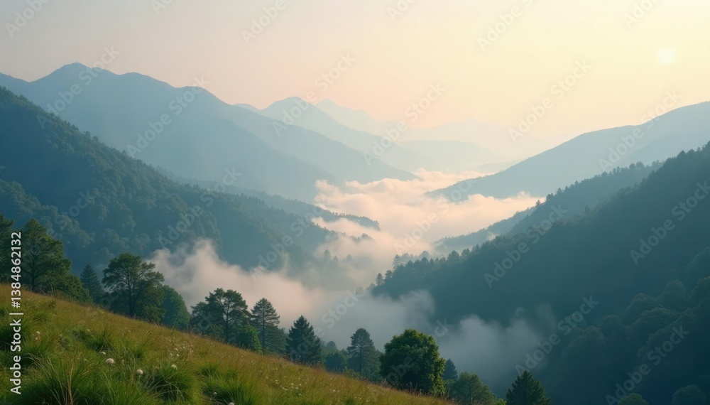 Fototapeta premium Soft white misty veil gently falls on a serene landscape, peaceful scene, gentle fall