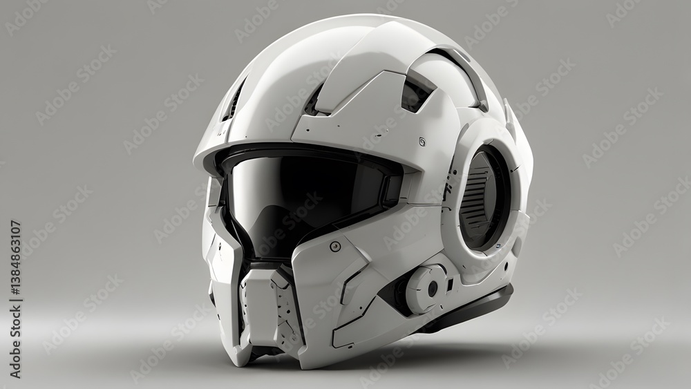 Fototapeta premium Futuristic 3D Helmet with Curved Visor and Layered Surface on White Background