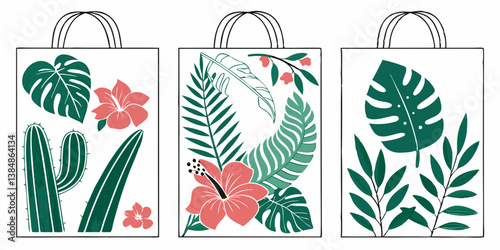 Tropical Tote Bags with Monstera Leaf, Hibiscus Flower, Cacti - Summer Nature Graphic Illustration