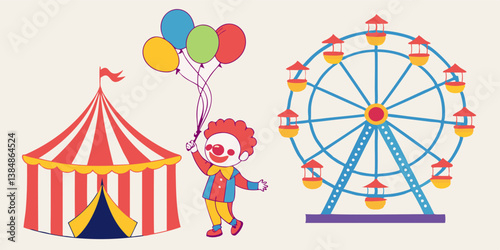 Whimsical Cartoon Circus Tent Clown Balloons Ferris Wheel Carnival Scene