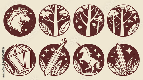 Vintage Badges Vector Set Unicorn Forest Sword Crystal Icons Retro Line Art Fantasy Nature Illustrations