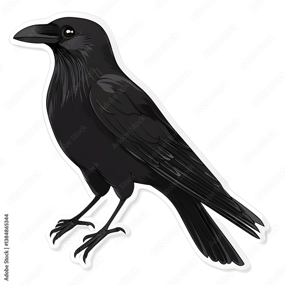 Fototapeta premium Mysterious Raven Illustration: A sleek, black raven with piercing eyes, its feathers meticulously detailed, perches elegantly. A striking digital artwork.