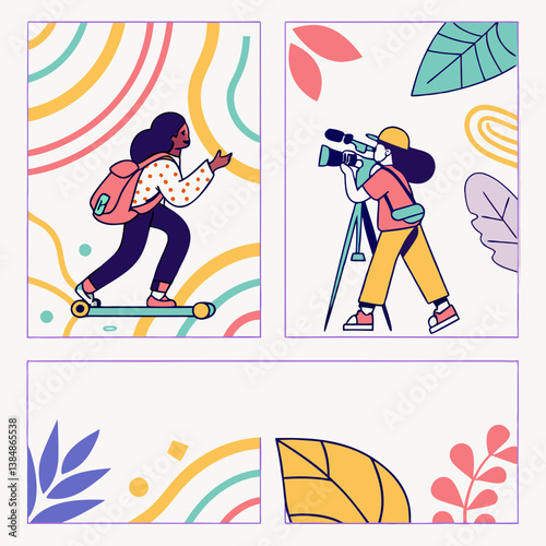 Women Skateboarding and Filming Colorful Flat Vector Cartoon Illustration with Plants and Abstract Shapes