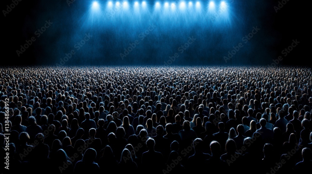 Fototapeta premium Large Crowd of People in Dark Setting with Spotlight Overhead and Fog Creating Dramatic Atmosphere