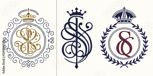 Set of 3 Elegant Royal Classic Monogram Logos in Gold Blue Maroon Ornate Intertwined DP JS &Q Letters with Crowns Circle Frames & Laurel Wreath Branding