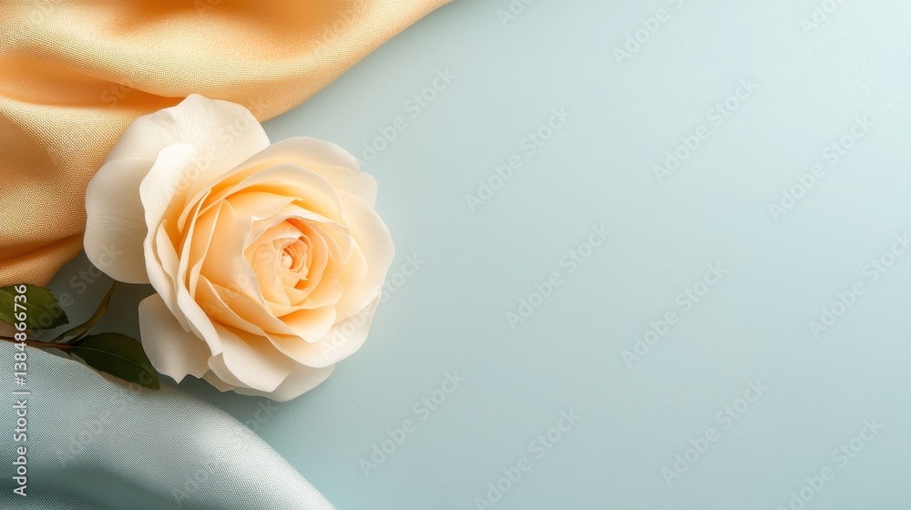 This image showcases a beautiful soft peach rose placed gracefully on silky draped fabrics, creating a serene and elegant aesthetic, perfect for nature and beauty themes. This image showcases a beautiful soft peach rose placed gracefully on silky draped fabrics, creating a serene and elegant aesthetic, perfect for nature and beauty themes.