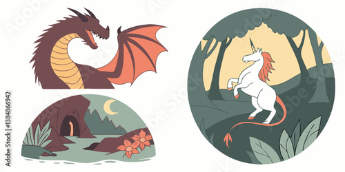 Cartoon Fantasy Dragon Unicorn Cave Forest Illustration Art