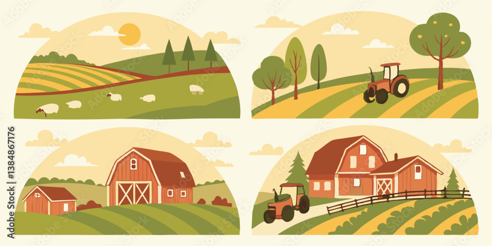 Naklejka premium Cartoon Rural Farm Scenes Vector Illustration Sheep Tractor Barn Farmhouse Fields Trees Sun Hills