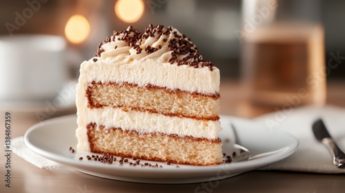 A delectable slice of cake featuring moist layers of sponge with creamy frosting and chocolate shavings, served on a white plate, inviting indulgence and celebration.