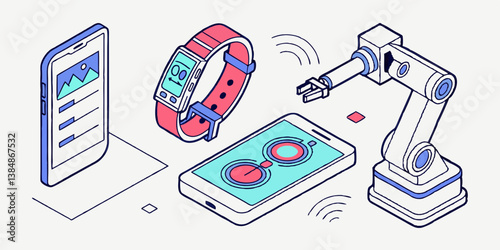 Isometric Tech Illustration Smartphones Smartwatch Robot Arm Wireless Connectivity Modern Devices Automation Line Art Style Flat Design Digital Technology Communication Connections