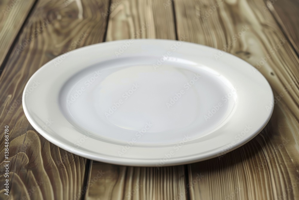 A simple white plate resting on a wooden table highlights minimalist dining aesthetics A simple white plate resting on a wooden table highlights minimalist dining aesthetics