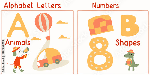 Colorful Educational Kids Image Alphabet Letters Numbers Shapes Animals Cartoon Dog Dinosaur Car Hot Air Balloon Learning Illustration For Preschool Kindergarten