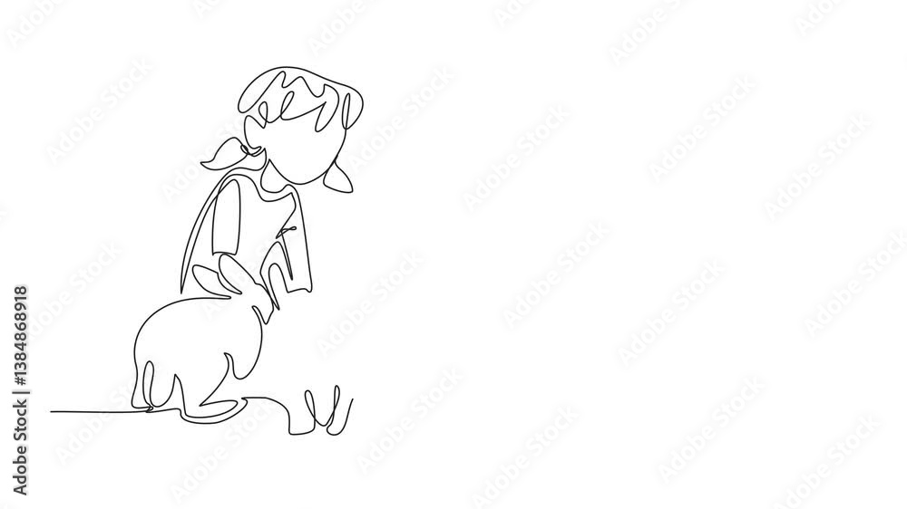 Animation of a single one line drawing little girl is squatting and surrounded by many rabbits. Full of joy and enthusiasm to care. Small farm. National Farm Animals Day. Full length motion