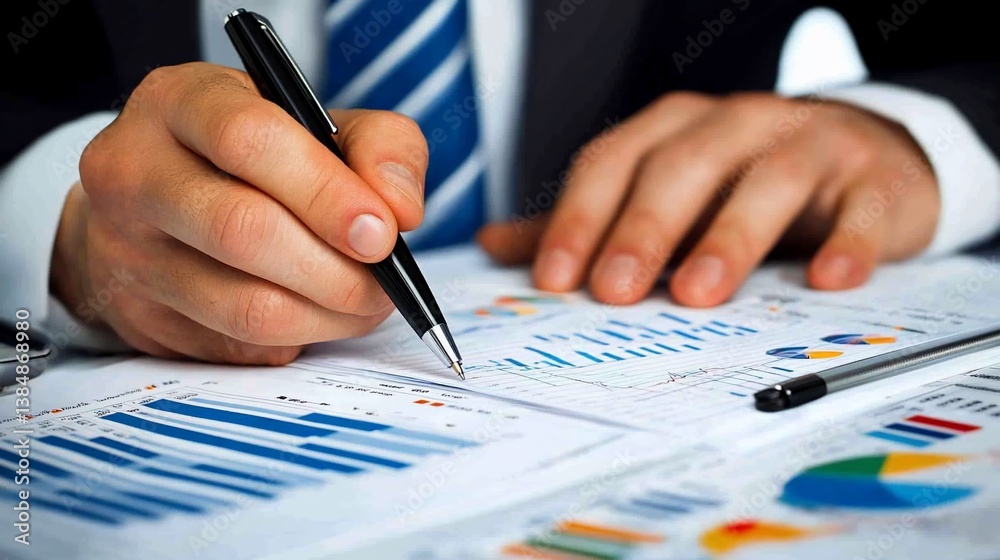 Businessman analyzing graphs, office, paperwork, financial review Businessman analyzing graphs, office, paperwork, financial review