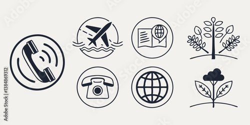 Black Line Art Icons: Phone, Airplane, Book, Globe, Trees - Communication, Travel, Knowledge, Nature, Environment Vector Graphics