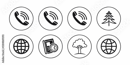 Black and White Line Art Icons Set: Phone Call, Pine Tree, Deciduous Tree, Globe, Phone Book with Clock. Communication, Nature, Time, Information Vector Icon Set.