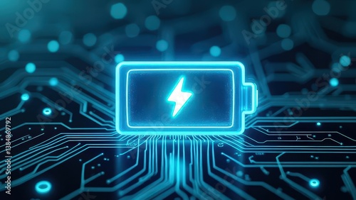 Glowing battery symbol with lightning bolt on a circuit board background in shades of blue and black