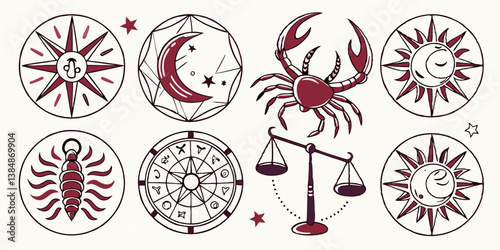 Vintage Style Zodiac Signs and Astrological Symbols Line Art Illustration with Compass Rose Capricorn Moon Stars Crab Cancer Scorpion Scorpio Libra Scales and Zodiac Wheel