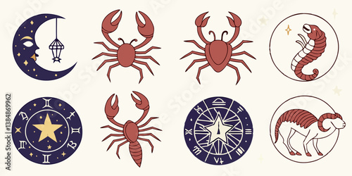 Vintage Zodiac Astrology Horoscope Signs Moon Stars Crab Scorpion Ram Seahorse Beige Line Art Illustration