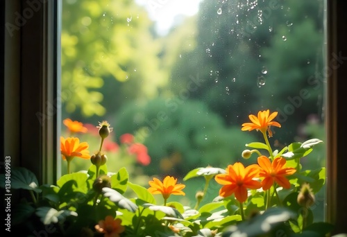 Generative AI showcases vibrant orange flowers blooming indoors on a rainy day