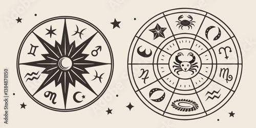 Vintage Astrology Zodiac Horoscope Celestial Wheel Design with Mystical Symbols