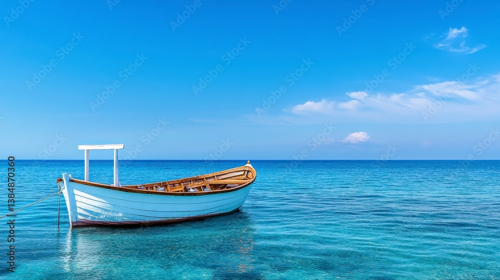 Single Wooden Boat Anchored in Clear Turquoise Waters Under Blue Sky