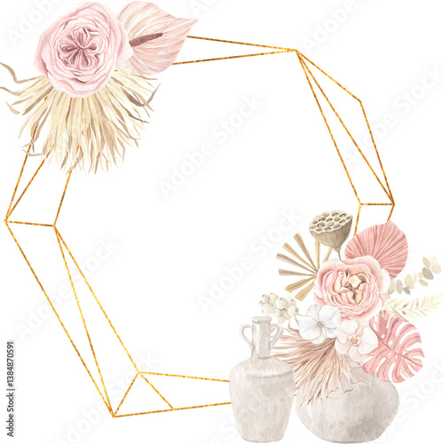 Fototapeta Naklejka Na Ścianę i Meble -  Watercolor boho frame composition with dried exotic flowers and tropical leaves. Pastel watercolor floral clipart for wedding wreath and bouquet, design decoration
