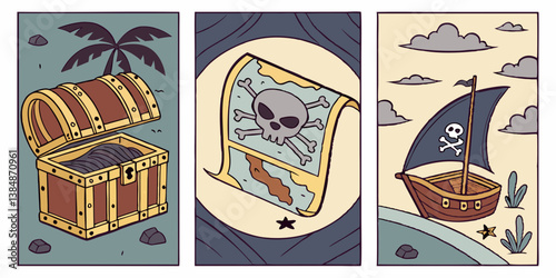 Cartoon Pirate Treasure Chest Map Ship Nautical Adventure Illustrations Vector Set