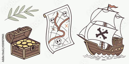 Cartoon Pirate Treasure Map, Gold Chest, Sailing Ship, Green Branch Vector