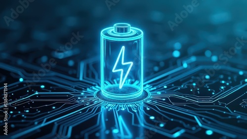 Glowing battery with lightning bolt symbol on a circuit board in a blue futuristic design style