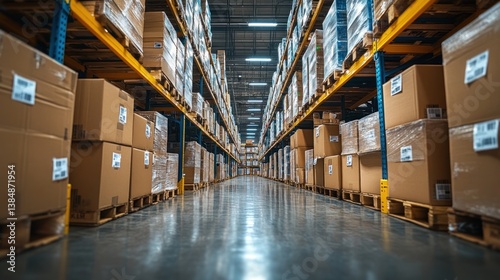 Warehouse interior, filled with stacked boxes, aisle perspective, modern industrial photo