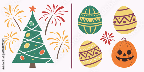 Festive Holiday Icons Christmas Tree Easter Eggs Halloween Pumpkin Fireworks Cartoon Vector Style Image