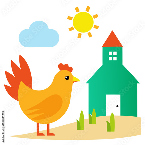 A hen pecking at corn in a sunny farmyard