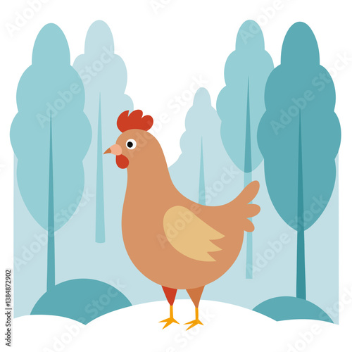 A hen standing in a foggy forest clearing