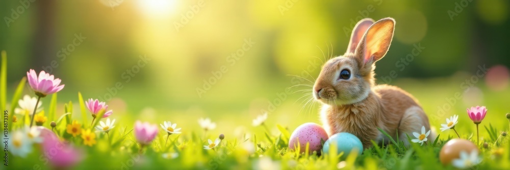 Fototapeta premium Bunny ears with eggs in meadow flowers, easter, meadow