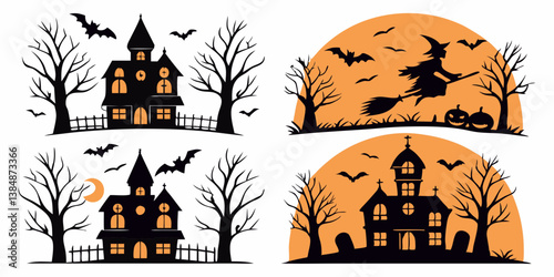 Spooky Halloween Night Silhouette Illustrations Set with Haunted Houses Witch on Broom Flying Bats Bare Trees Pumpkins and Crescent Moon Vector Clip Art Design