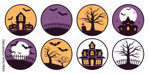 Halloween Vector Circle Icons Spooky Haunted Houses Pumpkins Bats Trees Moon Fence Tombstones Design