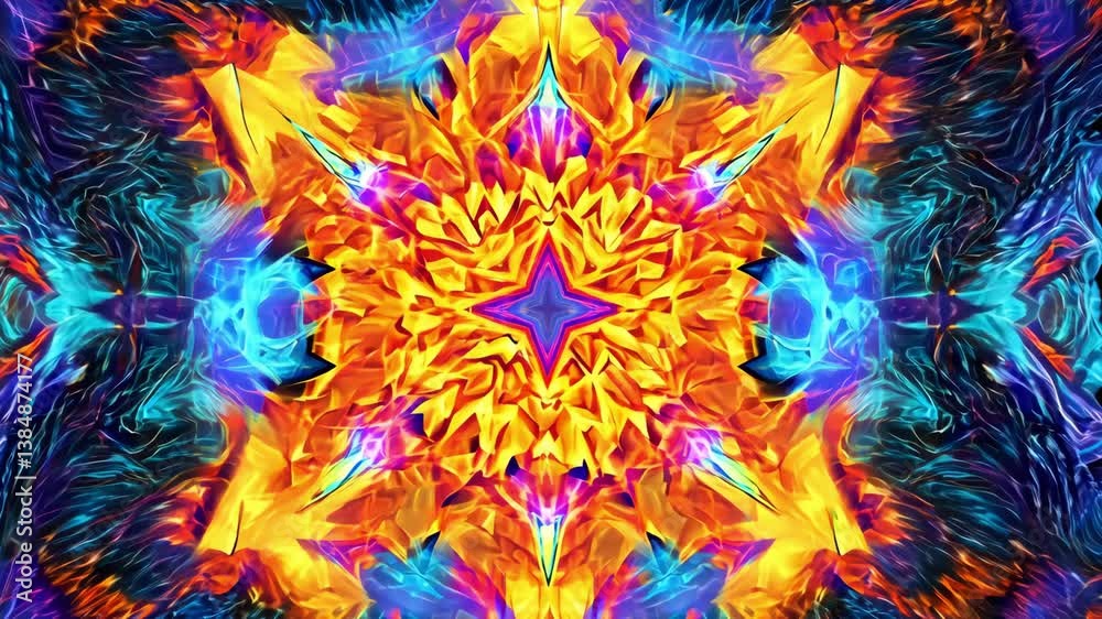 An intricate design of vibrant colors and shapes merges to form a captivating kaleidoscopic pattern that draws the viewer in