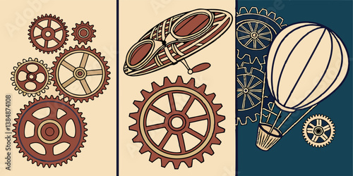 Vintage Steampunk Gears Goggles Hot Air Balloon Graphic Illustration Set - Retro Mechanical Gears Airship Art Beige Brown Blue Design