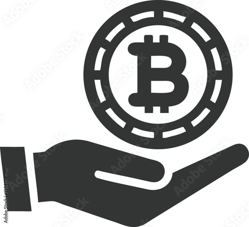 Bitcoin Coin on Open Hand Glyph Icon Symbol Isolated on Transparent Background