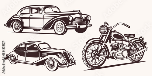 Retro Classic Vintage Cars and Motorcycle Black and White Line Art Drawing