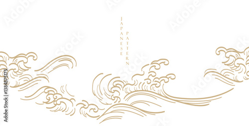 Japanese background with hand drawn line wave pattern vector. Abstract template with geometric pattern. Ocean sea backdrop layout design in oriental style. Chinese cloud elements.