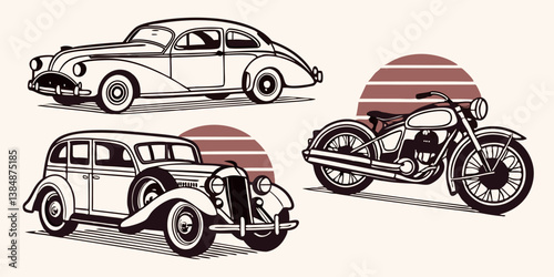 Vintage Classic Cars and Motorcycle Retro Black and White Line Art Style Transportation Vehicles