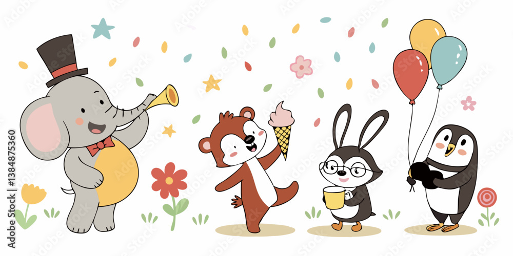 Naklejka premium Adorable Cartoon Animals Birthday Party: Elephant, Bear, Rabbit, Penguin Celebrating with Balloons, Ice Cream, Trumpet, Top Hat, Glasses, Coffee Mug, Flowers, and Colorful Confetti