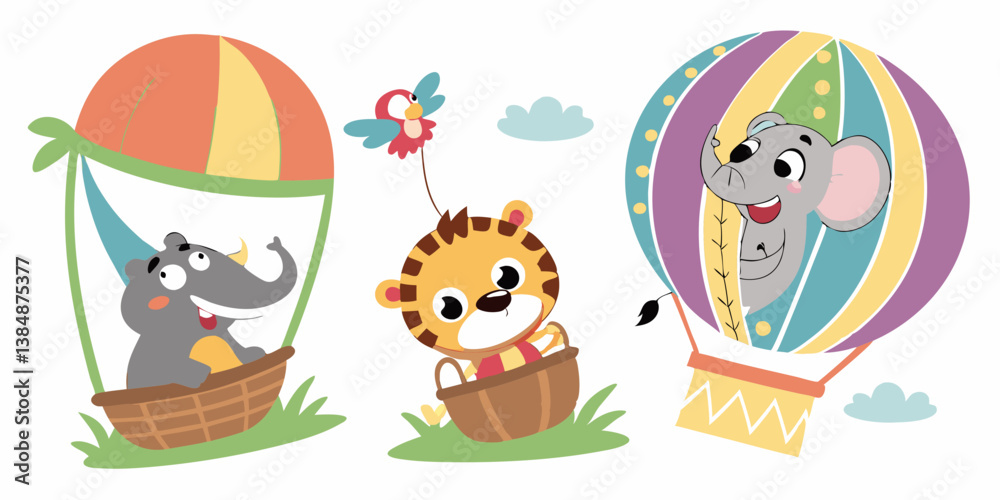 Naklejka premium Colorful Kids Cartoon Animals in Hot Air Balloons - Cute Vector Illustration of Rhino, Tiger, Elephant, Bird Adventure