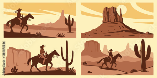Western Desert Cowboy Cowgirl Horse Silhouette Vector Graphics Set
