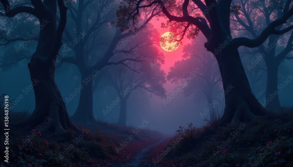 Dark forest with twisted trees and misty atmosphere, woods, mist, mysterious Dark forest with twisted trees and misty atmosphere, woods, mist, mysterious