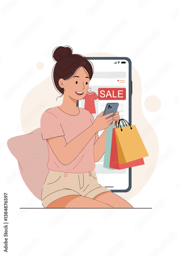 Young woman shopping online happily with shopping bags in hand Young woman shopping online happily with shopping bags in hand