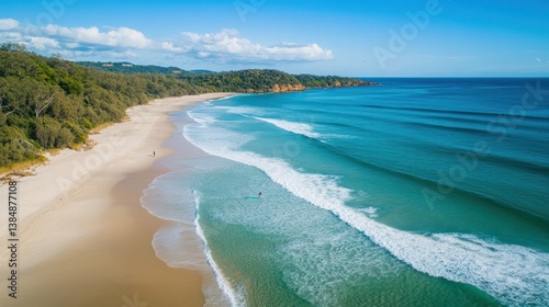 Coastal beach scene, surfer, aerial view, sunny day, tranquil setting, possible use for travel/tourism photo
